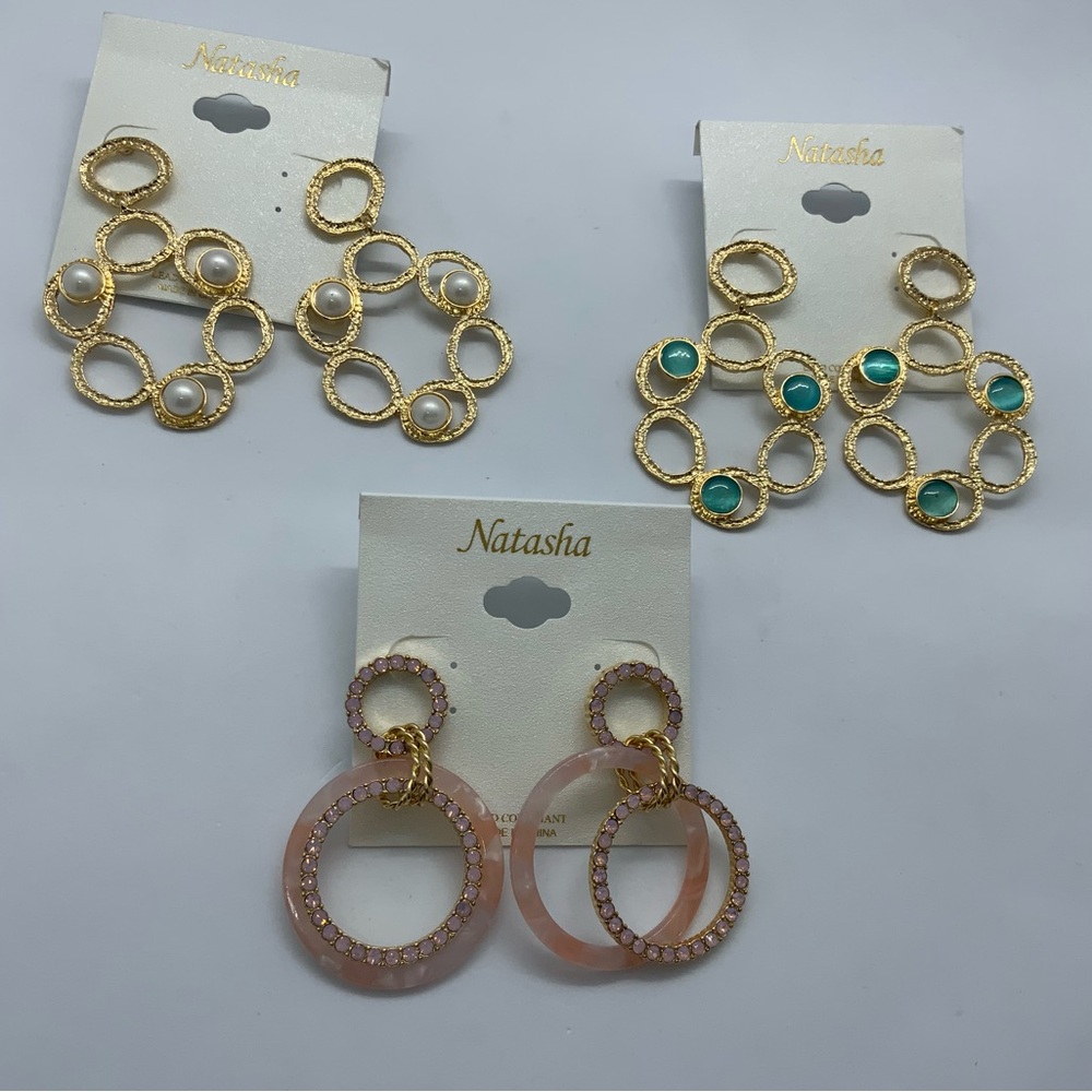 (3) Natasha Couture Gold and Pink Earrings Set